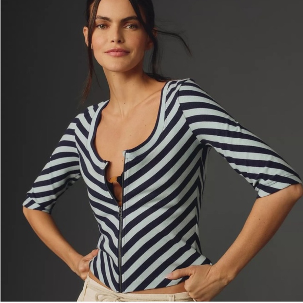 Maeve Navy and White Striped Zip-Front Top